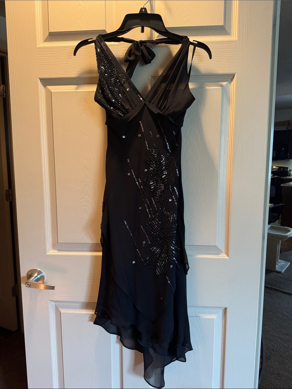 BCBG Black Sequin Halter V-Neck Evening Dress size 2